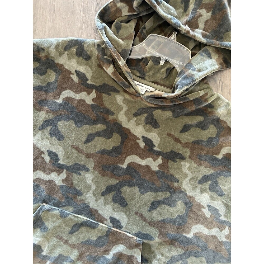 American Eagle Camo Hoodie Pullover Womens M Relaxed Fit Green Terry Cloth
